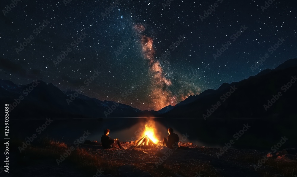 Cozy campfire glowing warmly under a starry night sky, people sitting nearby, evoking stories and adventure, natural and nostalgic Cozy campfire glowing warmly under a starry night sky, people sitting nearby, evoking stories and adventure, natural and nostalgic