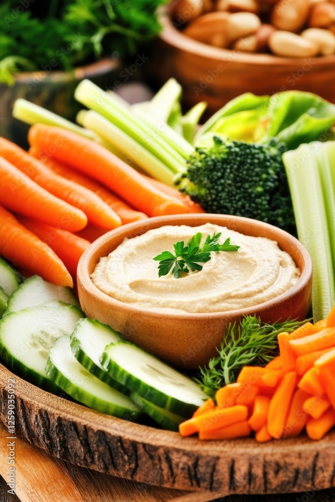 Fresh vegetable platter with hummus dip featuring carrots, celery, and cucumbers Fresh vegetable platter with hummus dip featuring carrots, celery, and cucumbers