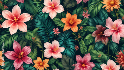 Tropical floral pattern with oversized, vibrant blooms and lush greenery for a vibrant and exotic look.