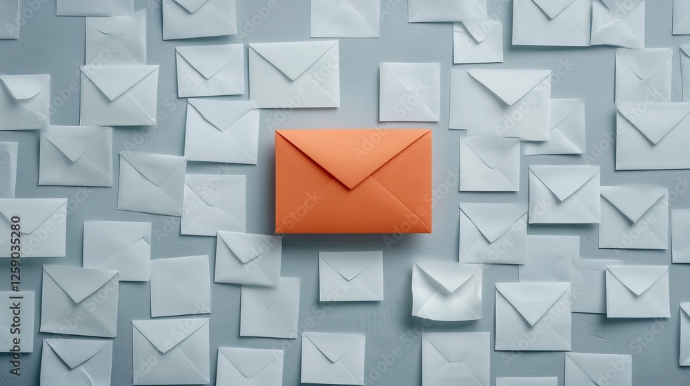 Amidst a sea of white envelopes, a solitary orange one stands out against a gray backdrop. Its vibrant hue draws attention, marking it as the chosen letter. Amidst a sea of white envelopes, a solitary orange one stands out against a gray backdrop. Its vibrant hue draws attention, marking it as the chosen letter.