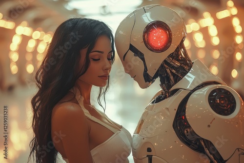 Human and robot share a moment in a futuristic setting during an event celebrating technology and connection