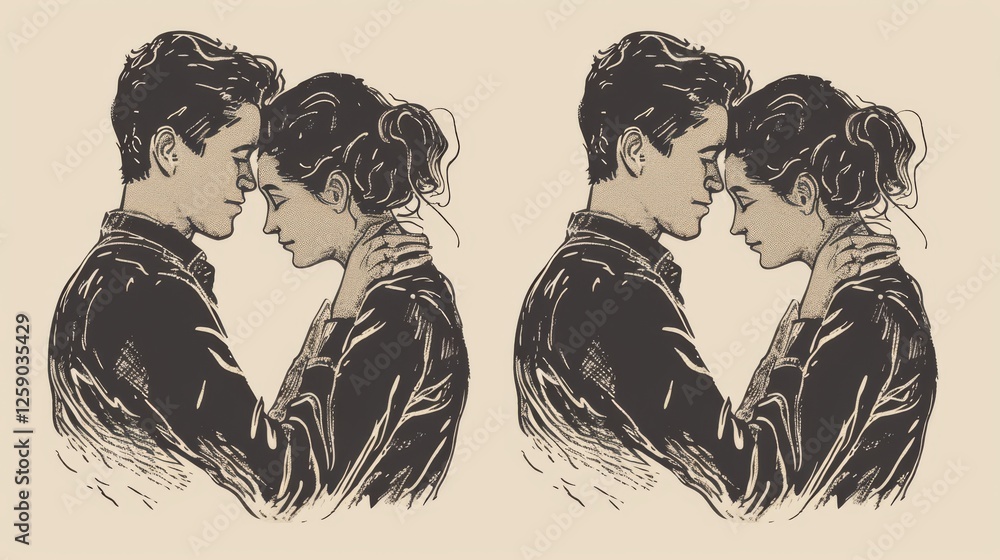 A romantic black-and-white illustration of a couple in an intimate embrace, rendered in a vintage engraving style. The detailed linework enhances the nostalgic atmosphere. AI generated.