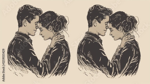 Obraz na płótnie A romantic black-and-white illustration of a couple in an intimate embrace, rendered in a vintage engraving style. The detailed linework enhances the nostalgic atmosphere. AI generated. w salonie