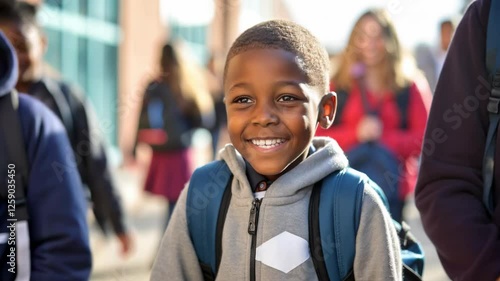 Happy and smiling little boy carrying a backpack going back to school	
