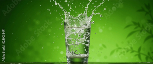 Clean fresh water splashing out of a transparent glass on a bright green studio surface. 