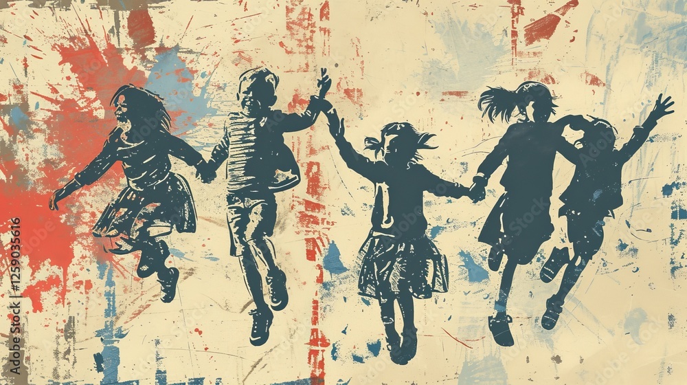 A digital illustration in grunge style features five silhouetted children holding hands and joyfully jumping against a textured abstract background with red and blue splashes. AI generated.