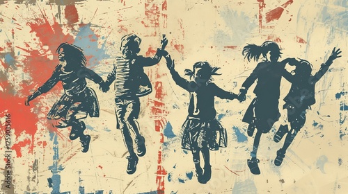 Obraz na płótnie A digital illustration in grunge style features five silhouetted children holding hands and joyfully jumping against a textured abstract background with red and blue splashes. AI generated. w salonie