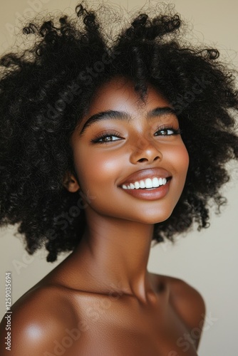Smiling young woman with curly hair posing for a portrait against a neutral background