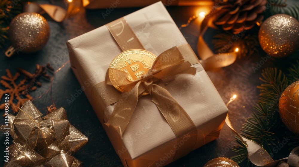 A festive holiday gift wrapped in gold paper and ribbon, featuring a Bitcoin coin decoration. Warm lights and ornaments create a cozy Christmas ambiance. AI generated.