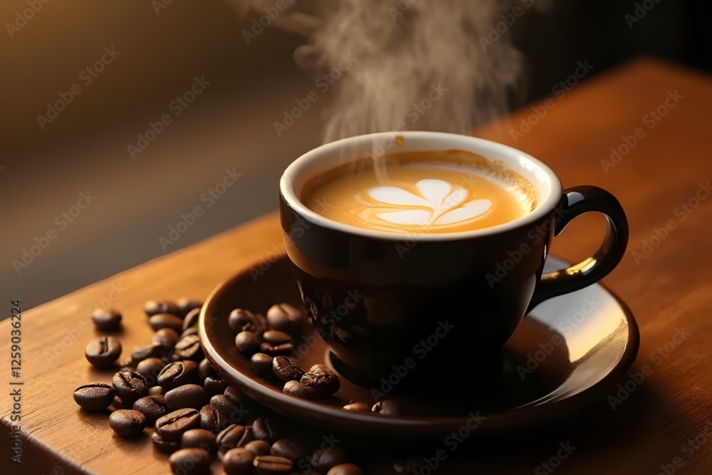 Closeup of a cup of coffee with roasted beans and a rich aromatic appearance Closeup of a cup of coffee with roasted beans and a rich aromatic appearance