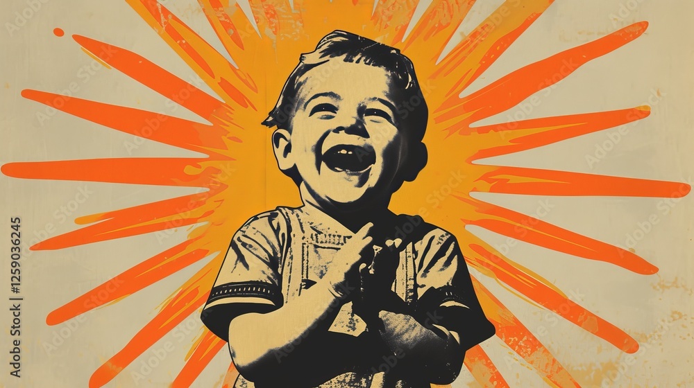 A stylized pop art illustration of a laughing child with a vibrant orange sunburst background, evoking a vintage comic-style aesthetic. AI generated.