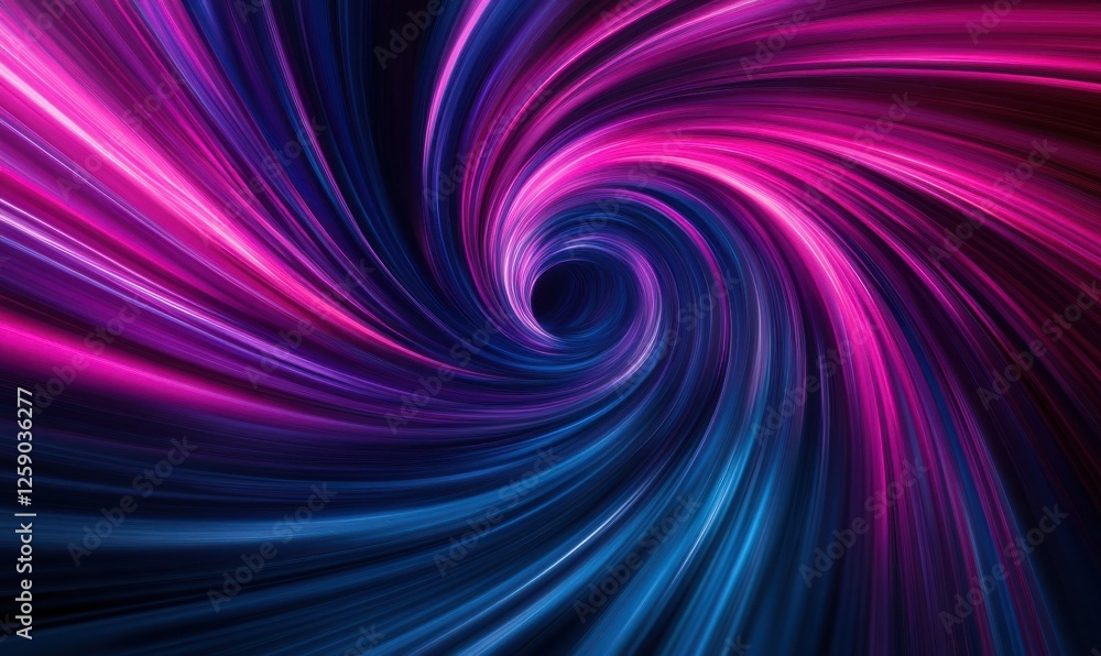 Fototapeta premium Dynamic light trails of vivid magenta and cyan creating a circular vortex, set against a minimalist, deep black space.