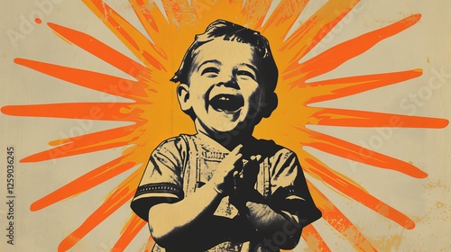 Obraz na płótnie A stylized pop art illustration of a laughing child with a vibrant orange sunburst background, evoking a vintage comic-style aesthetic. AI generated. w salonie
