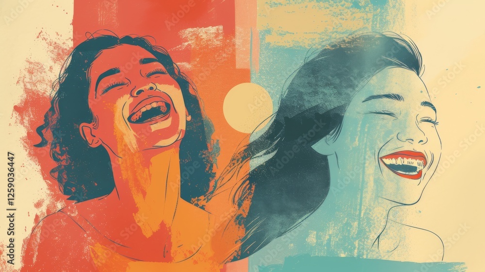A colorful and dynamic digital artwork of two women laughing, blending abstract and pop art elements. The energetic color palette enhances the joyful and expressive mood. AI generated.