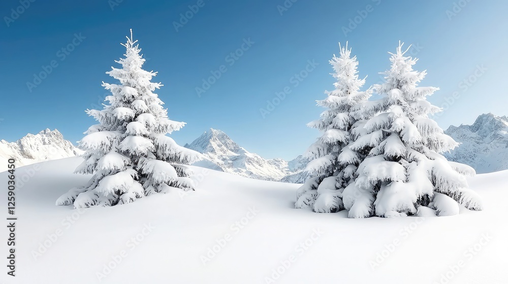 Snowy mountain peaks, two snow-covered fir trees, winter landscape, postcard Snowy mountain peaks, two snow-covered fir trees, winter landscape, postcard