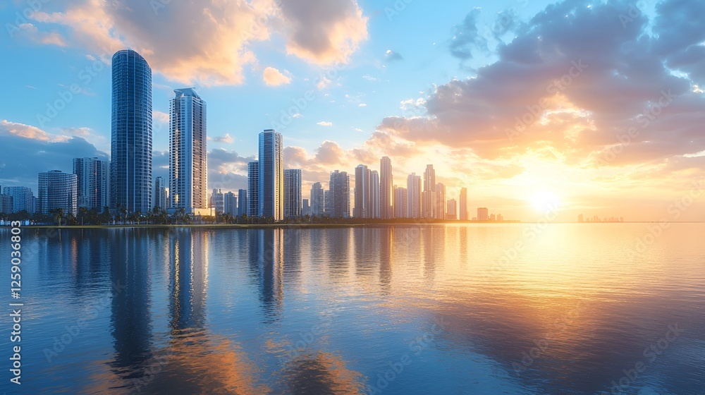 Obraz premium City skyline sunrise waterfront reflection; tourism, travel