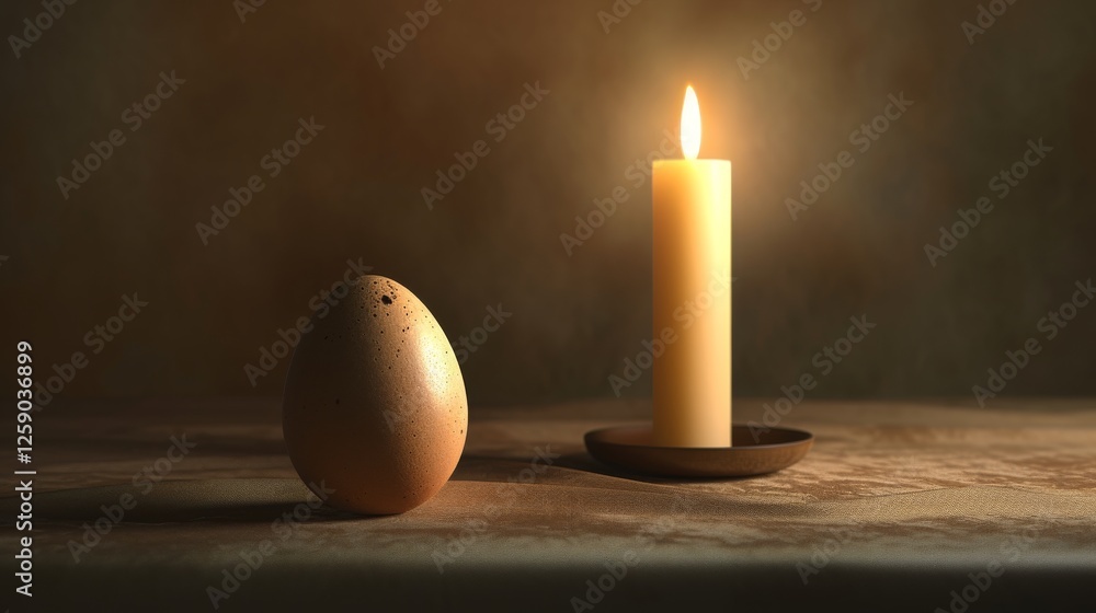 A speckled brown egg stands upright beside a softly glowing candle on a textured table. The warm, flickering light casts dramatic shadows, creating an atmospheric composition. AI generated.