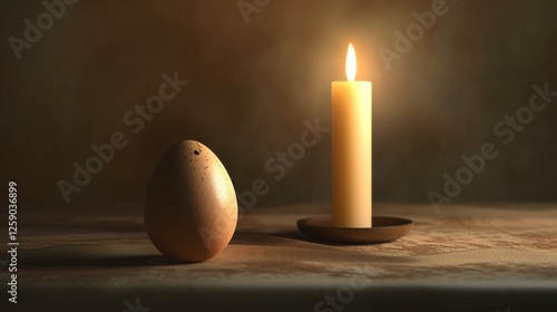 Obraz na płótnie A speckled brown egg stands upright beside a softly glowing candle on a textured table. The warm, flickering light casts dramatic shadows, creating an atmospheric composition. AI generated. w salonie