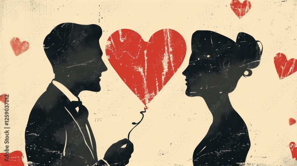 A vintage-style digital illustration of a silhouetted man and woman holding a heart-shaped balloon, symbolizing romance. The artwork features a distressed texture and warm tones. AI generated.