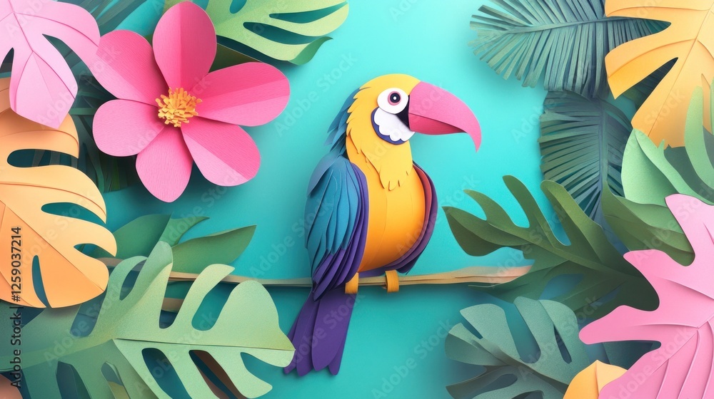 Obraz premium Colorful paper toucan perched on branch amidst tropical paper flowers and leaves on teal background.