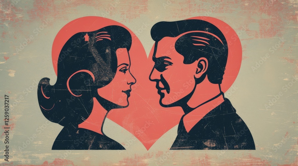 A stylized retro illustration depicting a loving couple facing each other against a bold heart shape. The worn texture and vintage-inspired design evoke a classic romance theme. AI generated.