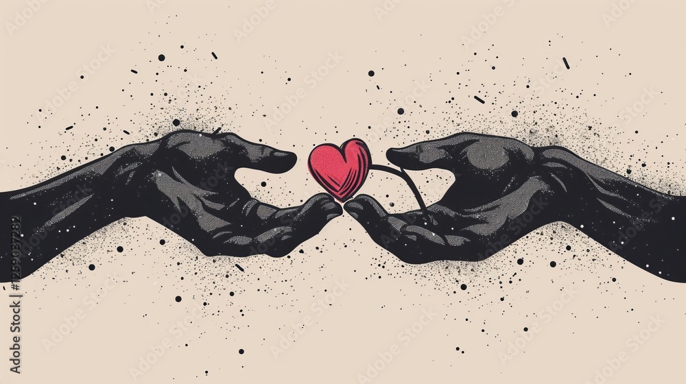 A digital illustration featuring two black hands exchanging a red heart on a textured beige background. The splatter effect adds a dynamic and artistic touch. AI generated.
