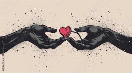 Obraz na płótnie A digital illustration featuring two black hands exchanging a red heart on a textured beige background. The splatter effect adds a dynamic and artistic touch. AI generated. w salonie