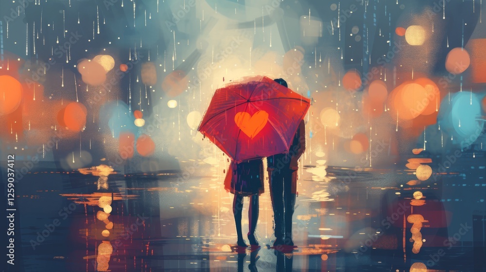 A dreamy digital painting of a couple standing under a red umbrella amidst glowing city lights. The raindrops and reflections enhance the romantic and intimate atmosphere. AI generated.