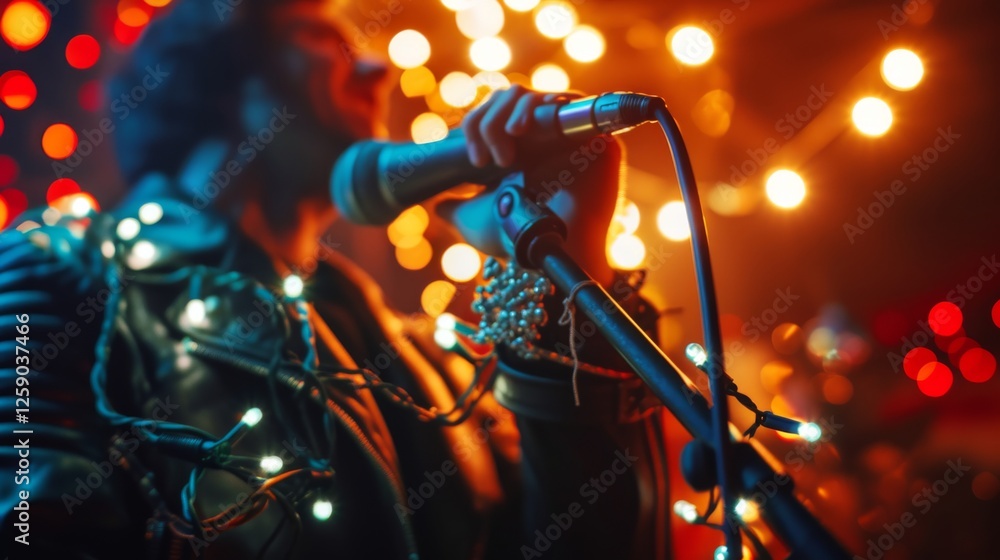 A dynamic image of a rock singer passionately performing on stage, wrapped in glowing fairy lights, with vibrant bokeh effects enhancing the lively concert atmosphere. AI generated.