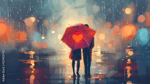 Obraz na płótnie A dreamy digital painting of a couple standing under a red umbrella amidst glowing city lights. The raindrops and reflections enhance the romantic and intimate atmosphere. AI generated. w salonie