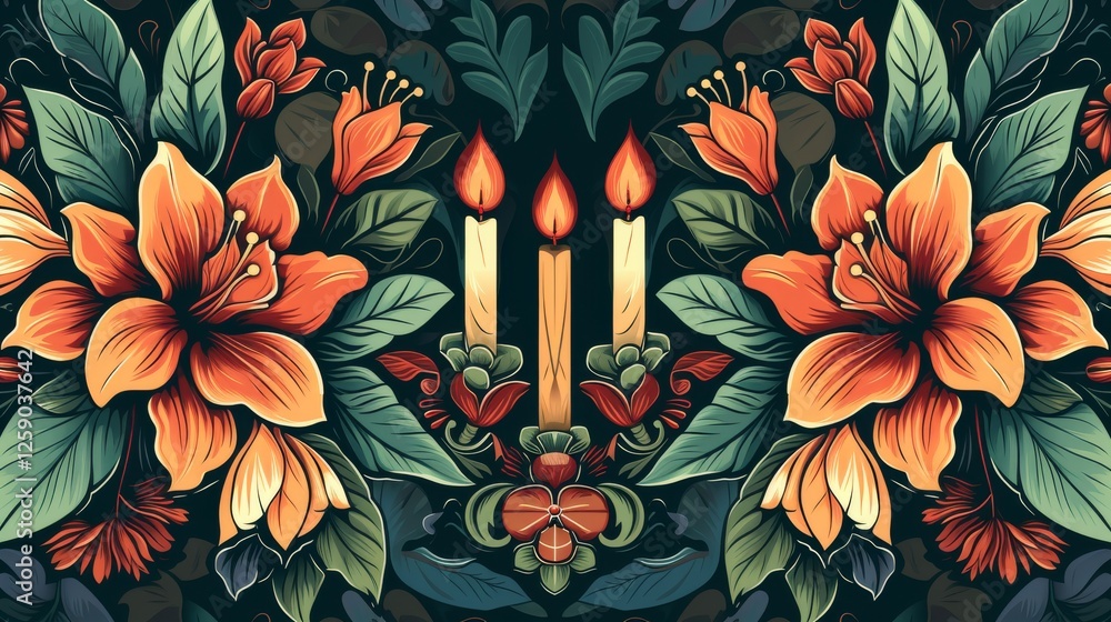 A sophisticated floral illustration featuring three glowing candles amidst orange and green flowers and leaves on a dark background. Ideal for seasonal, festive, or decorative design projects. AI