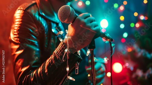 Obraz na płótnie Close-up of a rock singer's hand gripping a microphone wrapped in string lights. The background features colorful bokeh, creating a festive atmosphere. AI generated. w salonie