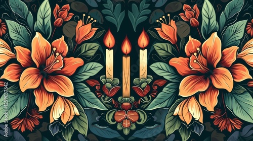 Obraz na płótnie A sophisticated floral illustration featuring three glowing candles amidst orange and green flowers and leaves on a dark background. Ideal for seasonal, festive, or decorative design projects. AI w salonie