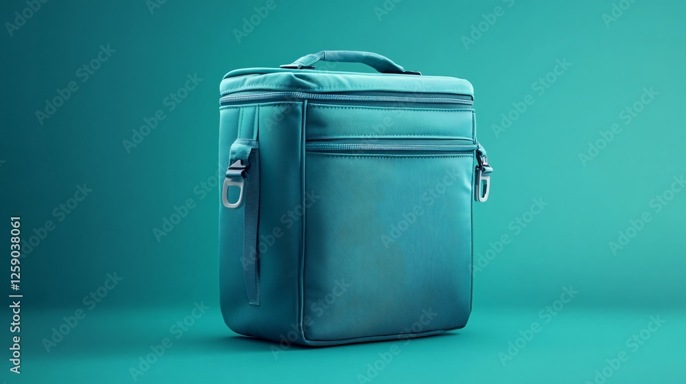 Modern turquoise lunch bag standing up against turquoise background Modern turquoise lunch bag standing up against turquoise background
