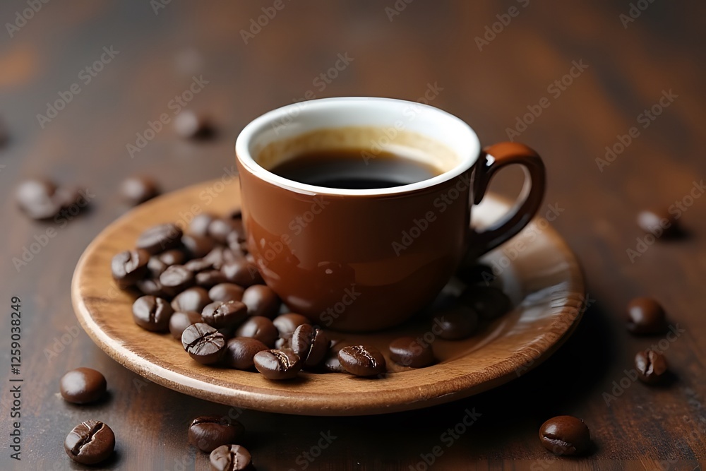 Closeup of a cup of coffee with beans on a saucer, showcasing the aroma and freshness of a dark espresso drink, perfect for a morning breakfast break Closeup of a cup of coffee with beans on a saucer, showcasing the aroma and freshness of a dark espresso drink, perfect for a morning breakfast break