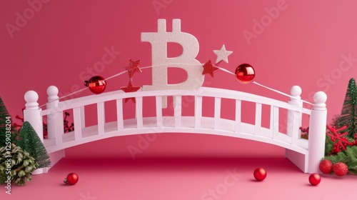 Obraz na płótnie A decorative white bridge adorned with Christmas ornaments and a glittering Bitcoin symbol against a pink background. A festive blend of cryptocurrency and holiday themes. AI generated. w salonie