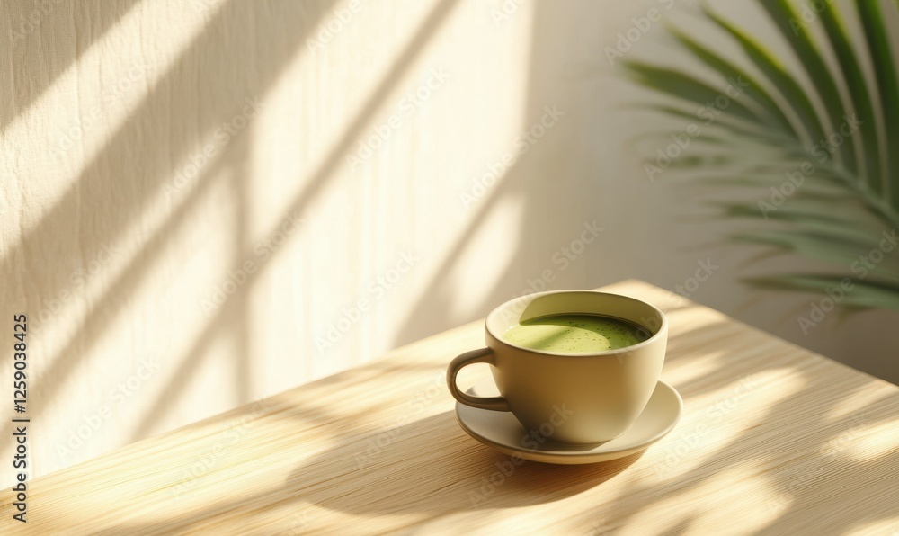 Minimalist wooden table with a fresh cup of matcha tea placed neatly, styled to highlight simplicity and wellness Minimalist wooden table with a fresh cup of matcha tea placed neatly, styled to highlight simplicity and wellness