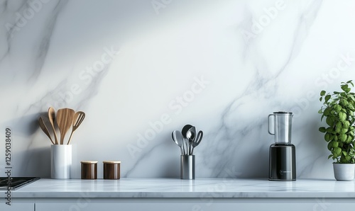 Wallpaper Mural Minimalist kitchen setup with sleek utensils arranged on a marble surface, styled to convey elegance and modern simplicity Torontodigital.ca