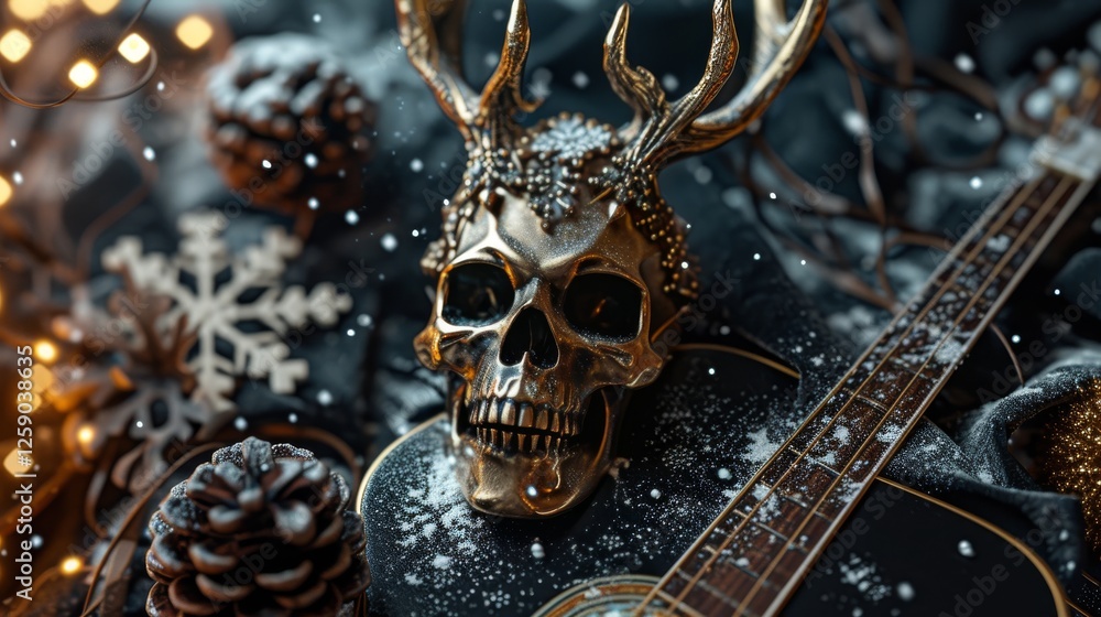 A golden deer skull with intricate antlers lies on a black acoustic guitar, surrounded by pinecones, snowflakes, and warm holiday lights, blending gothic and festive aesthetics. AI generated.
