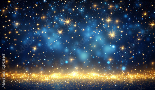 Abstract night sky background with stars and bokeh lights.