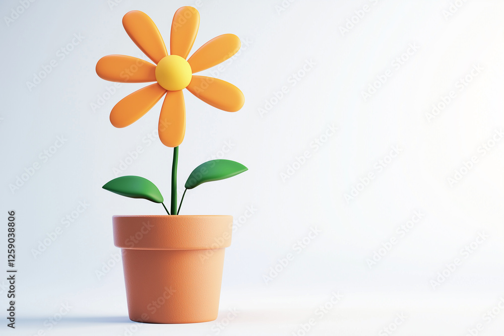 pot with a flower and a sticker on it 3D style on a white background pot with a flower and a sticker on it 3D style on a white background