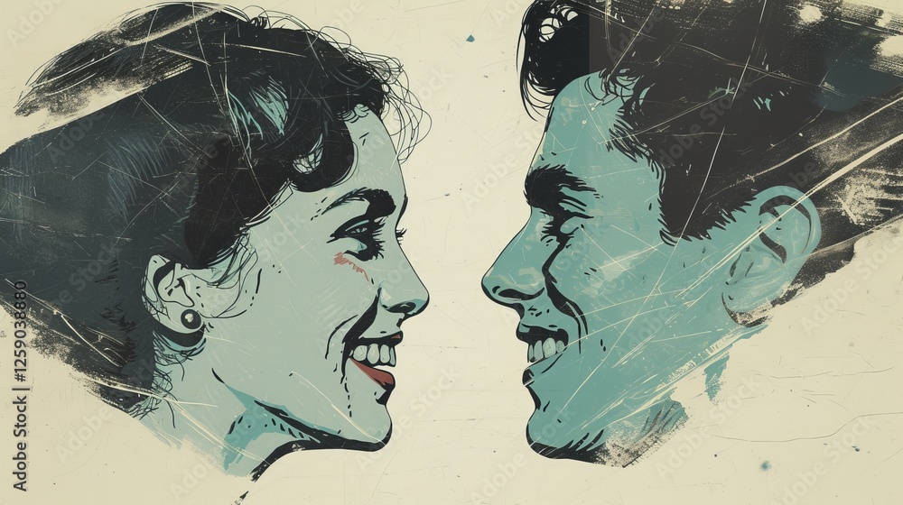 A vintage-inspired digital illustration of a smiling couple looking at each other, featuring a textured retro aesthetic. The artistic design evokes a nostalgic and romantic feel. AI generated.