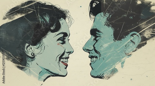Obraz na płótnie A vintage-inspired digital illustration of a smiling couple looking at each other, featuring a textured retro aesthetic. The artistic design evokes a nostalgic and romantic feel. AI generated. w salonie