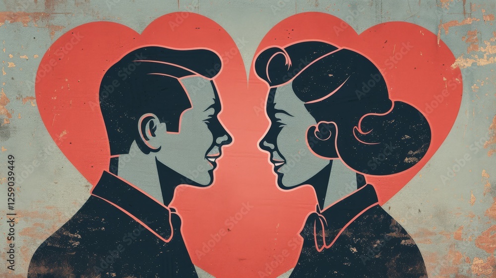 A stylized digital illustration of a couple gazing into each other's eyes, set against a bold heart background. The vintage aesthetic enhances the romantic theme. AI generated.