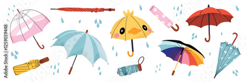 Set of umbrellas with raindrops in various styles: transparent, folded, classic, duck-shaped, and rainbow. Cute rain accessories for autumn and spring. Weather protection. Flat vector illustration.