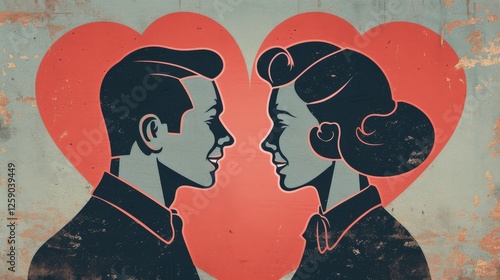 Obraz na płótnie A stylized digital illustration of a couple gazing into each other's eyes, set against a bold heart background. The vintage aesthetic enhances the romantic theme. AI generated. w salonie