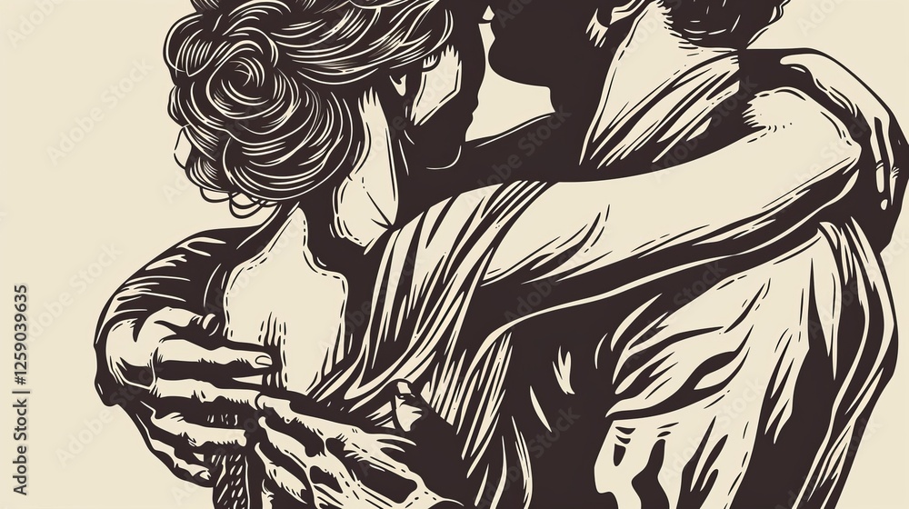 A vintage-style black-and-white engraving illustration of a couple in a passionate embrace. The detailed line art captures the essence of timeless romance. AI generated.