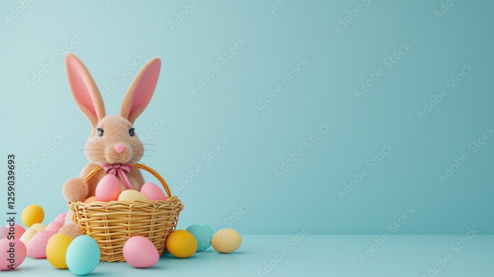 A cute plush bunny sits inside a wicker basket filled with pastel-colored Easter eggs, set against a soft blue background in a minimalist composition. AI generated.