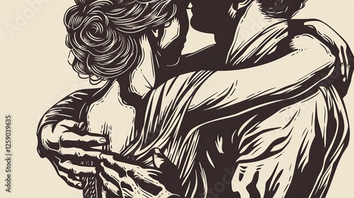 A vintage-style black-and-white engraving illustration of a couple in a passionate embrace. The detailed line art captures the essence of timeless romance. AI generated.