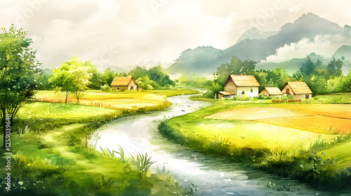 Serene Watercolor Landscape Houses by the River in a Tranquil Asian Village
